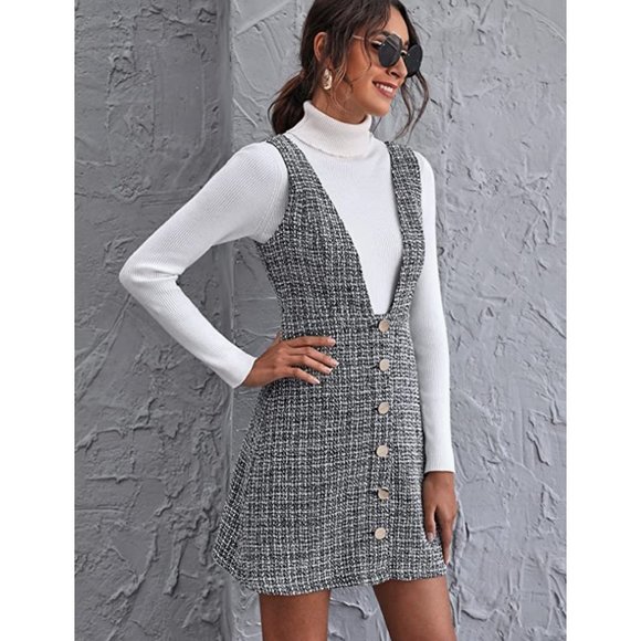 Black Plaid Tweed Sleeveless V-Neck A-Line Mini Pinafore Overalls Tank Dress - Picture 2 of 9